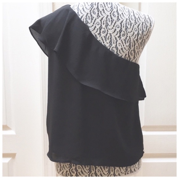 FINN & GRACE One-Shoulder Ruffle Overlay Polyester Top, Black, Medium - Picture 2 of 7